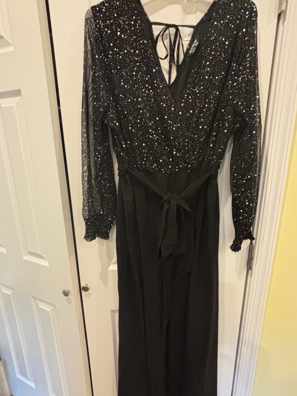 BloomChic Sparkly V-Neck Sheer Belted Jumpsuit - Black